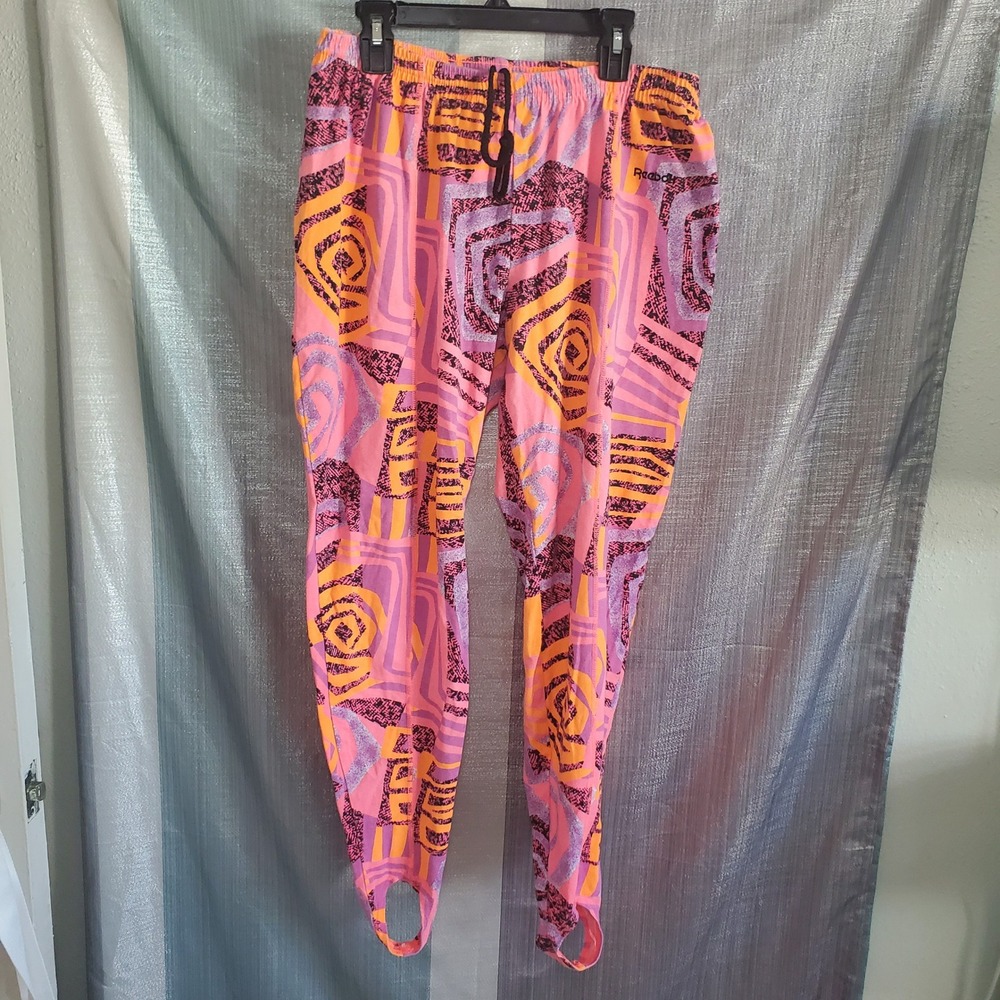 Vintage 90s Reebok Stirrup Leggings Neon Geometric Abstract Pink Orange USA Made